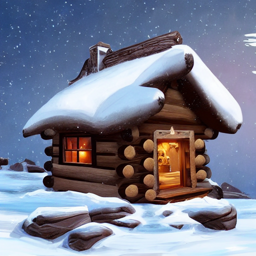A small cabin on top of a snowy mountain in the style of Disney, artstation