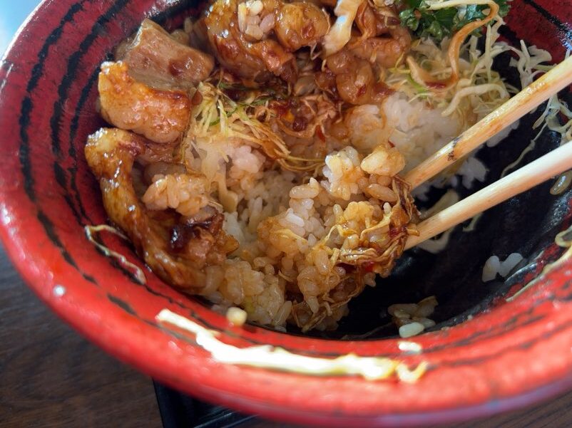 なごみ屋(豊田市) ホルモン丼の米とキャベツ