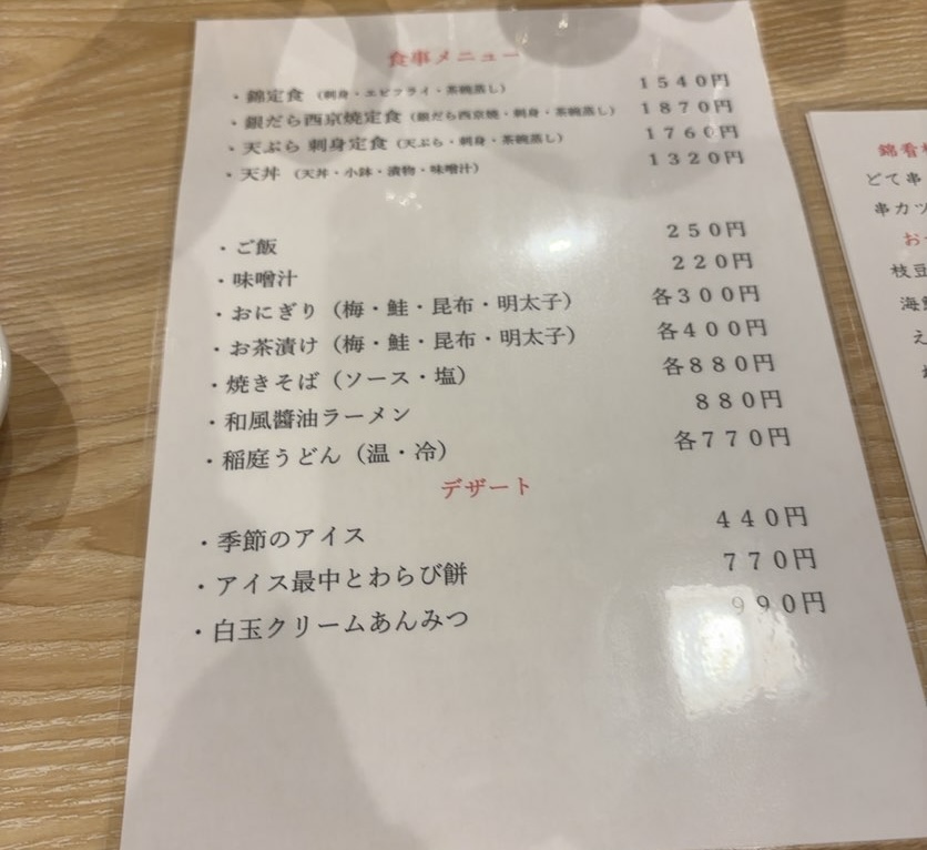 旬彩美酒 錦(豊田市駅) 食事メニュー