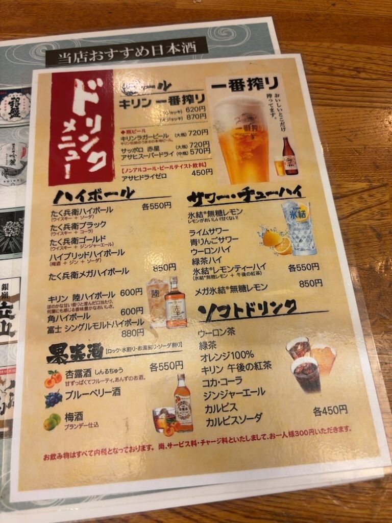 魚処 たく兵衛(豊田市) ドリンクメニュー