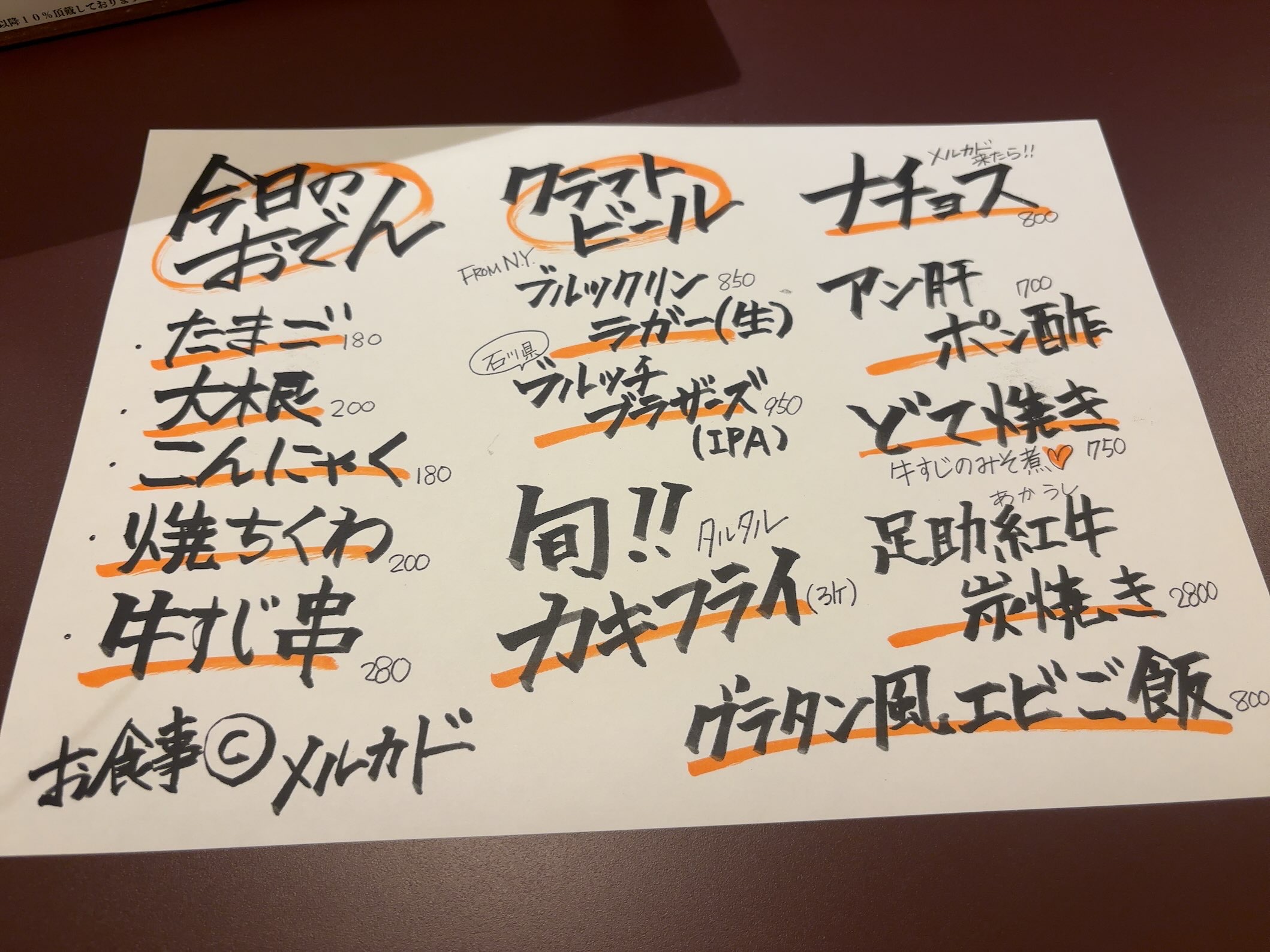 お食事倶楽部メルカド 黒板のおすすめメニュー